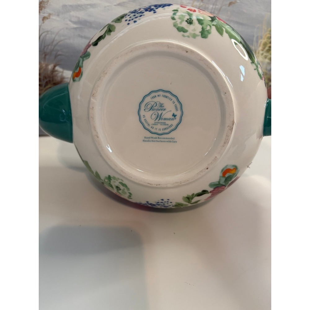 The Pioneer Woman Floral Ceramic Teapot Teal White Red Stoneware Tea Pot - Picture 8 of 8